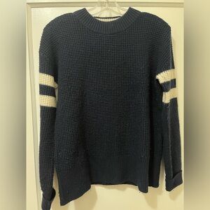 Women’s Navy Sweater with Cream Stripes wool blend Faherty Length 23 1/2”
